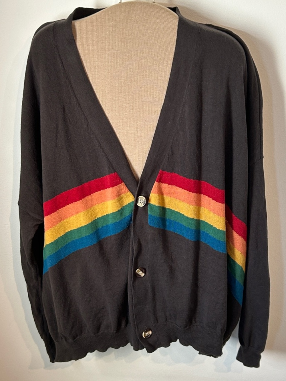 Natural Life Rainbow Stripe Cardigan Sweater L/XL Warm Charcoal 100% Cotton